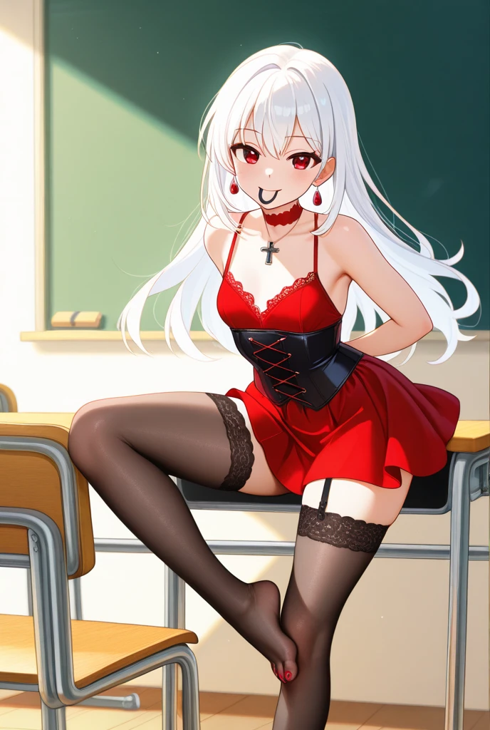 satan \(umineko\), 1girl, red eyes, ((curly hair)), white hair, ((umineko no naku koro ni)), ((Tight leotard)), ((sexy pose)), ((Wrestling ring)), (Big tits), (Wide hips)