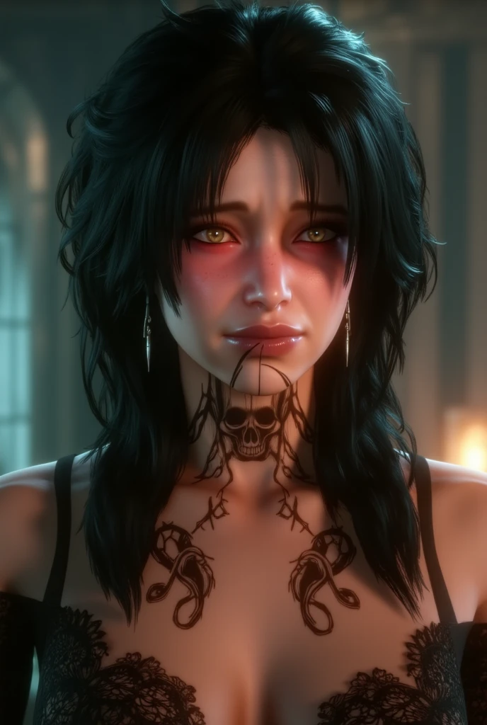 Anime undead girl, mummy grayskin, glowing eyes, bandages, ancient tattoos, sexy mummy