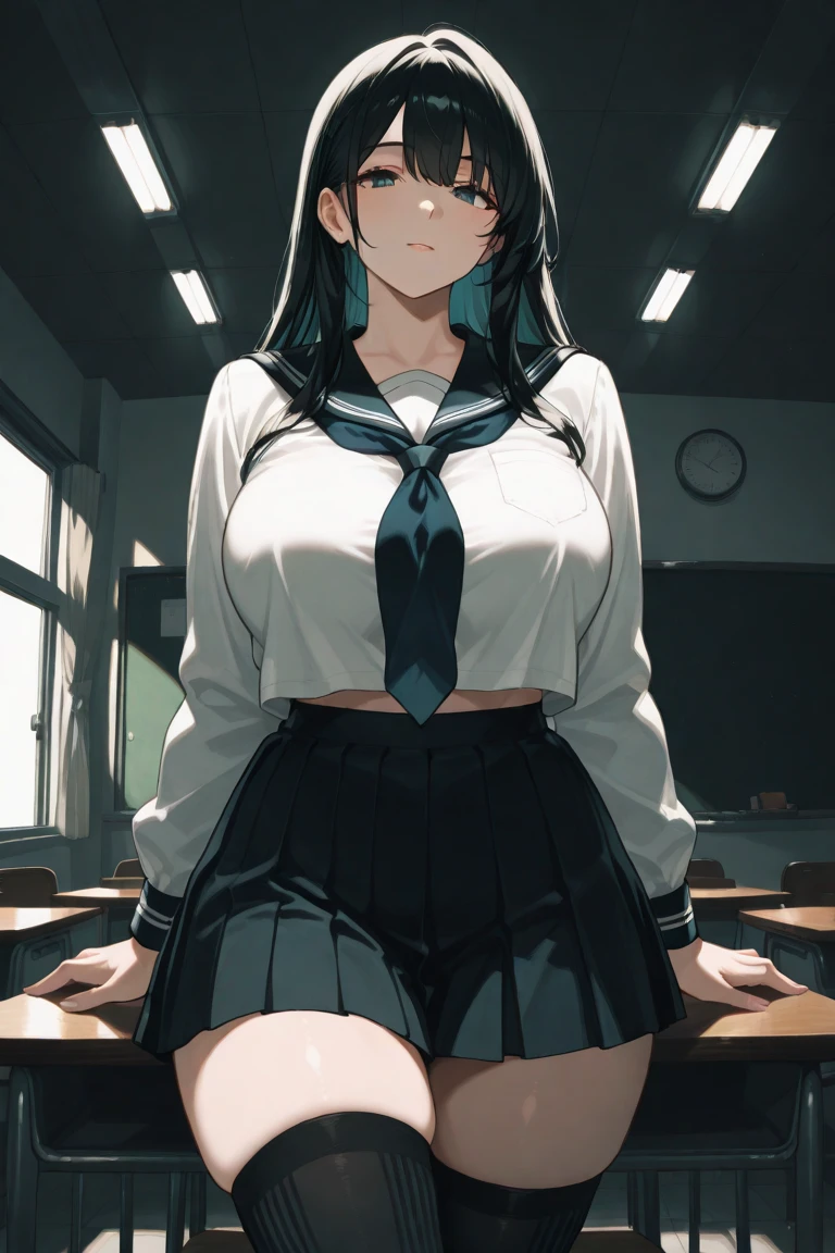 black necktie, Long sleeves, Pleated skirt, School uniform, Shirt, Skirt, sleeves rolled up, White shirt, cleavage,