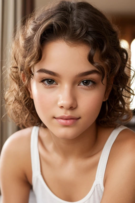Beautiful face, delicate facial features, curly hair, tanned complexion, super realistic, big brown eyes, beautiful lips, perfect nose, pose for a photo, well lit