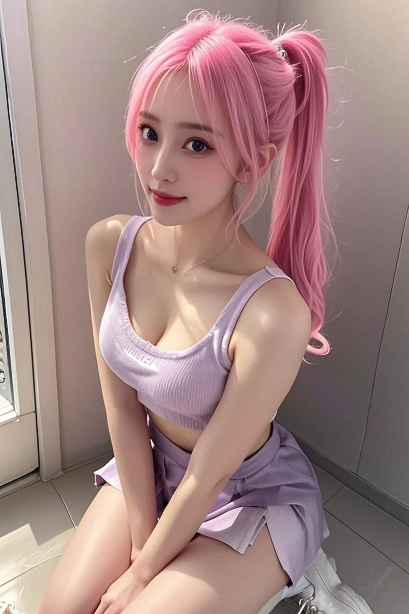 21yo girl, pink hair, (twintail Hair). Smile,Wearing white oversize t-shirt,, show shoulders, cleavage, show big thigh, natural big brseast, plumpy body, doggy pose