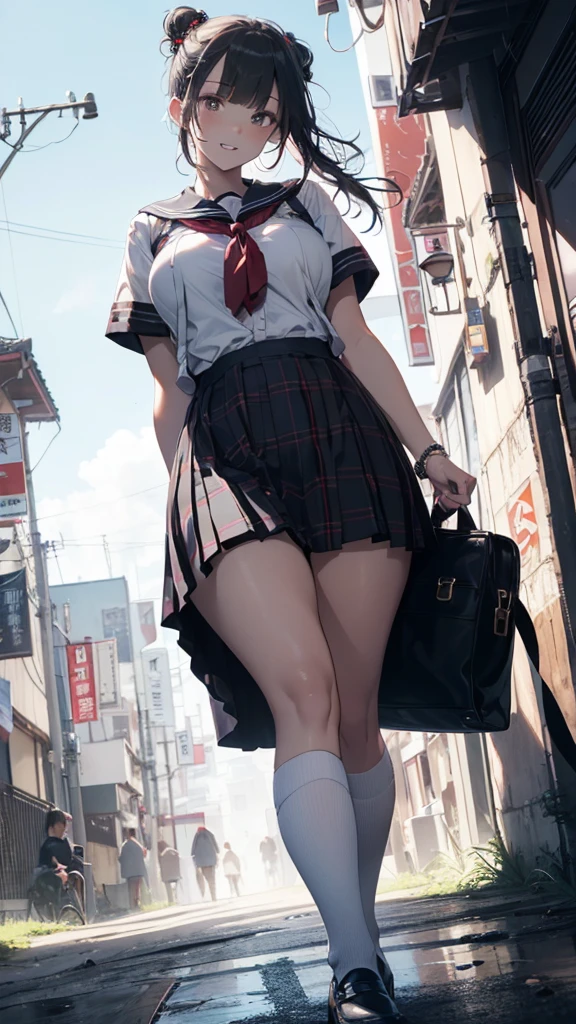 1girl ,standing on one leg, from below, looking down, pussy focus,vaginal object insertion, underwear, leg up, (best quality,masterpiece:1.3),absurdres,highres,8k, ultra high res, official art,illustration,extremely detailed, ((school uniform)),