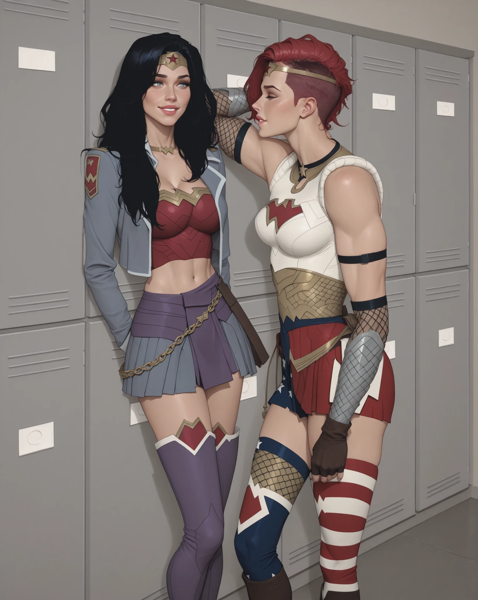 2girls, lesbian couple, semi-realistic movie scene, hot and curvy and gorgeous wonder woman and her strong butch girlfriend ALVI in an intimate moment, wonder woman has long black styled hair and she is wearing her gold red tiara and is on left of the image, ALVI is smitten by her partner's beauty and has short red undercut hair and is on the right , large breasts, deeply in love, steamy scene, happy, romantic couple, Expressiveh, break, perfect anatomy, perfect face, perfect eyes, perfect lips, best quality, highest details, masterpiece