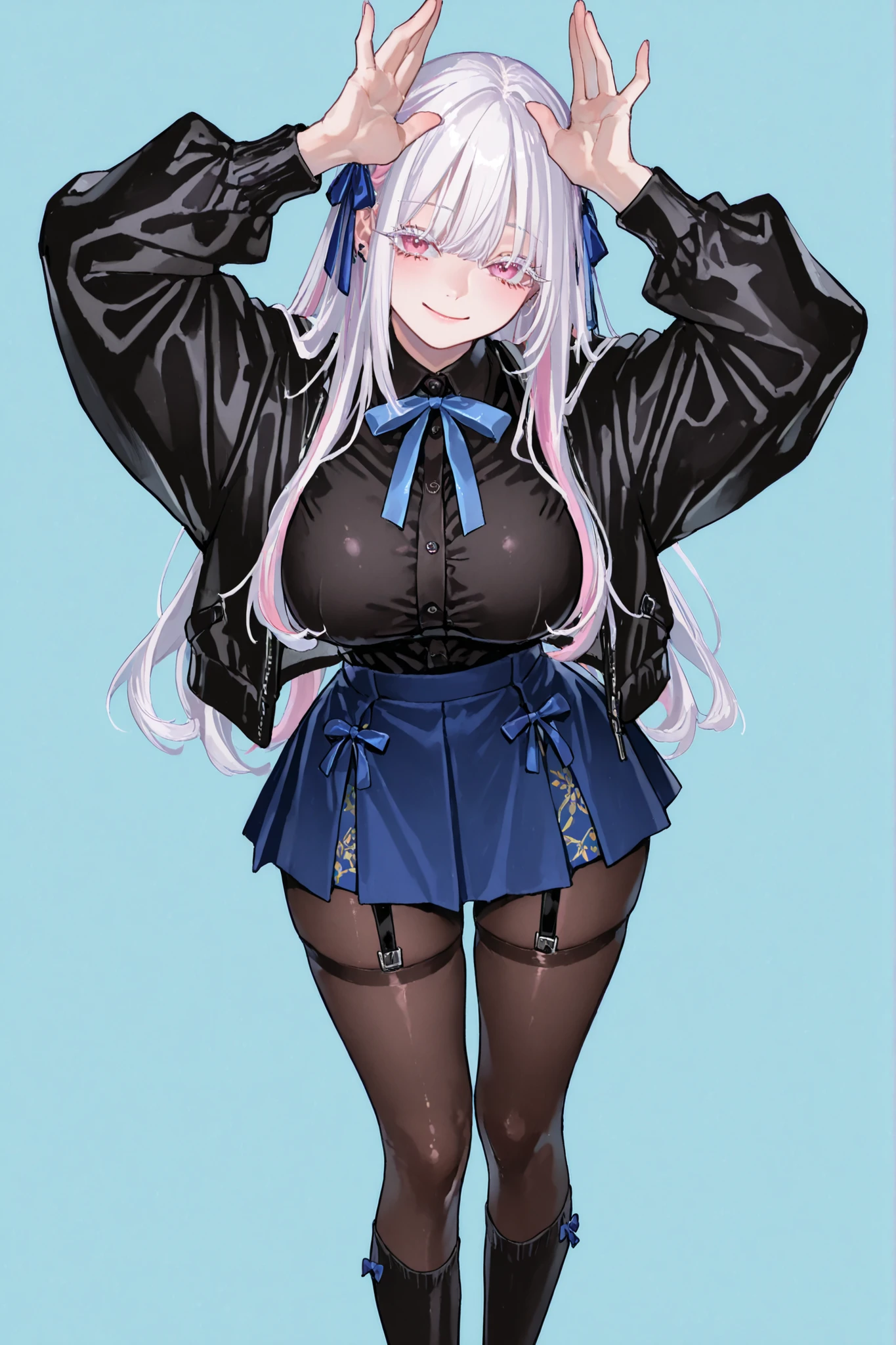 ((masterpiece,best quality)),
1girl,solo,arona \(blue archive\),hair over one eye,hairband, halo, black choker, choker, school uniform, braid, long hair, serafuku, white hair, sailor collar, pleated skirt,bangs, ribbon, long sleeves, neckerchief, collarbone,black hairband, white neckerchief,black skirt, hair ribbon, jacket, single braid, bow,
pantyhose, black pantyhose,no shoes,parted lips, blush,very huge breast,The perspective viewed from the bottom up,Lift your skirt,lifted by herself,dress lift,skirt lifted