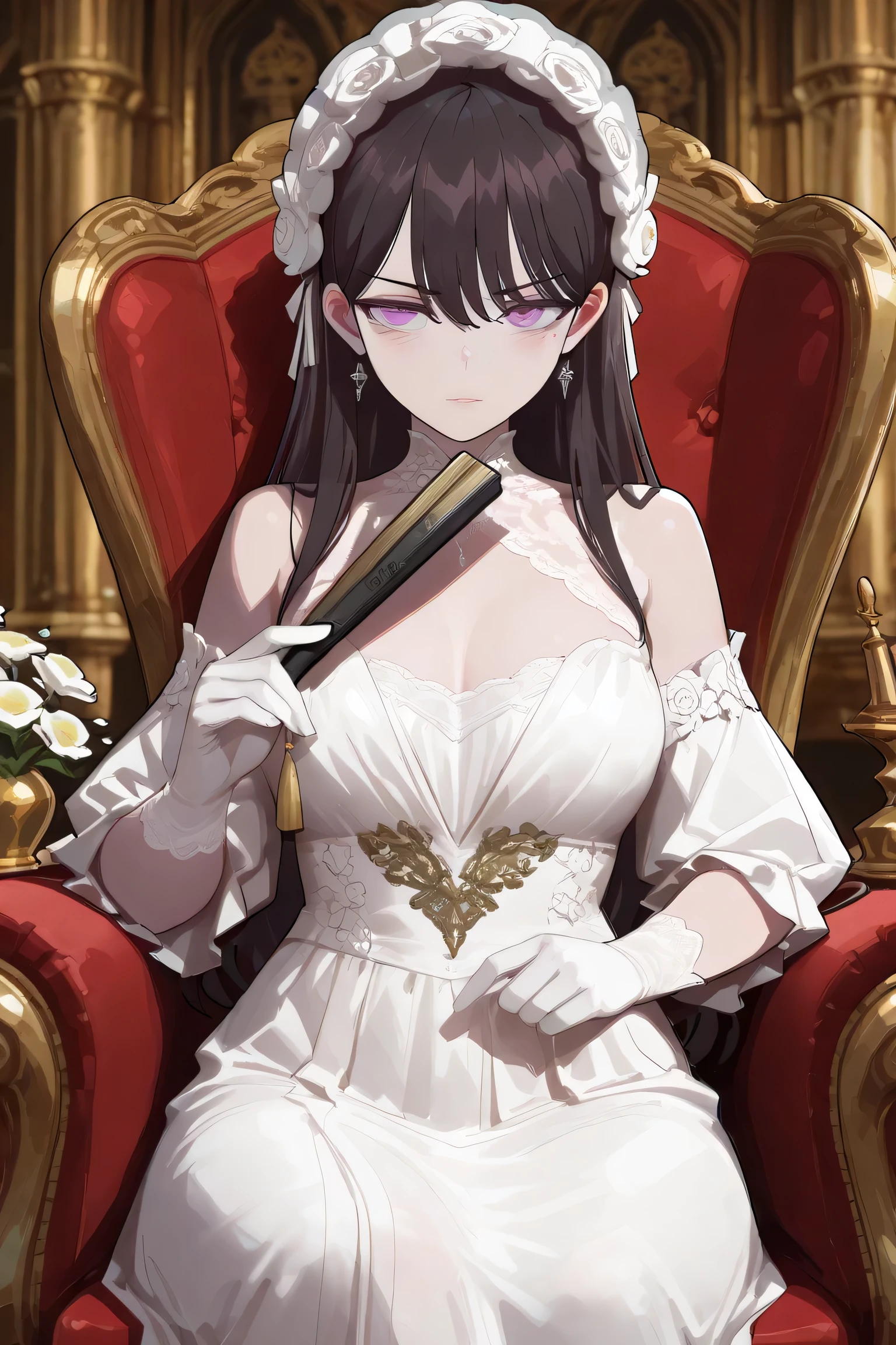 one girl,Mygo, shiina taki, black hair,long hair,purple eyes,mole under eyes,masterpiece, best quality, Amazing quality , Very aesthetic, high resolution, super details, soft, color, absurd, Latest Stunning, Half Body, Fine face , Beautiful Face, Flower girl, Wearing a burgundy, low-cut gown embellished with lace, long gloves,Holding an exquisite folding fan, Gorgeous jewelry headdress,dynamic soft, cinematic soft, 19th Century London Background, Inside the Opera House, Sitting in an exquisite armchair
(Large Digital Artwork), (Detail Cartoon illustration), (Detailed Script), (( perfectly anatomical structure)), ( Detail Complex :1.3), (Super detailed:1.3), ( illustration:1.3), ( focus:1.3), ( natural soft:1.05)