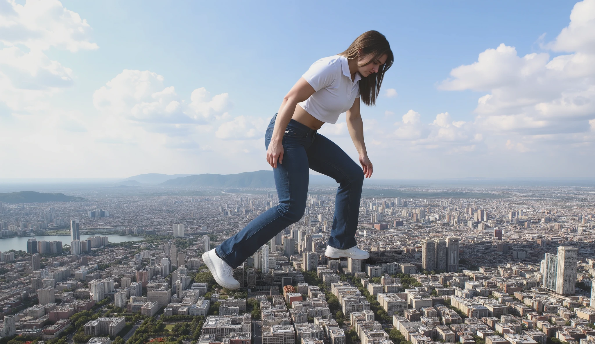 20 years old fitness girl, dressed in short sleeve crop polo top and long blue jeans and athletic shoes, masterpiece, best quality, 4K, 8K, long hair, she walks over city, giantess, GTS, view from side of her, crushing building under her shoes, destruction, she is 999999 meters tall, giga giantess, crushing buildings, bending over grabbing skyscraper in hand crushing it in her grip