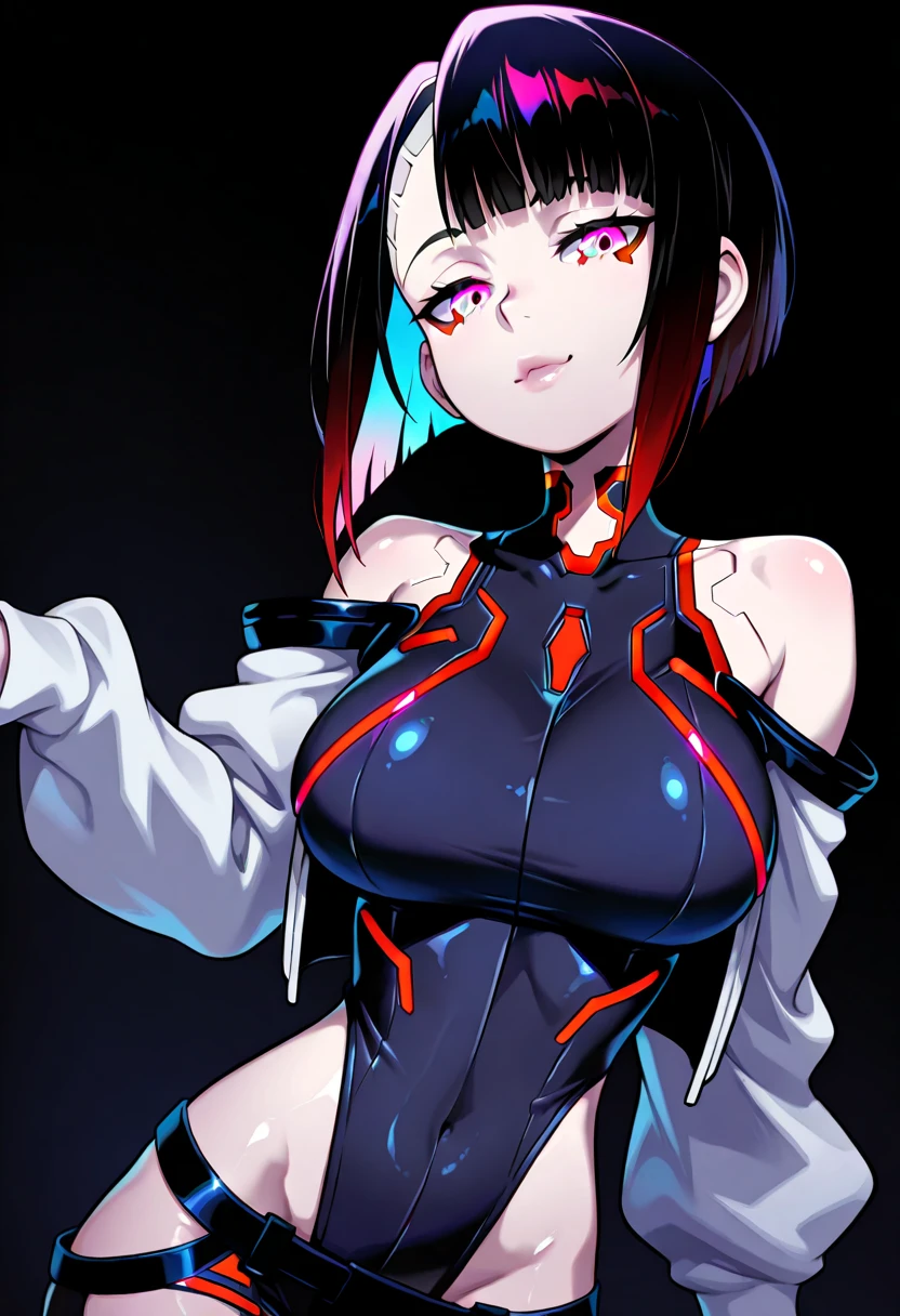 girl, with many blue and red capsules, several blue and red capsules floating, slight smile, red eyes, very pale skin, black hair, schizophrenic image.