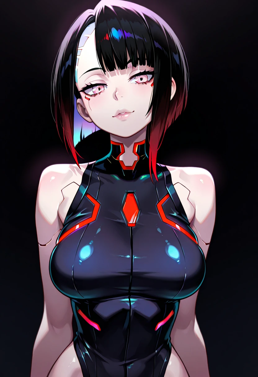 Realistic、1girl、black hair、(twintails),red eyes、(glowing eyes:1.3)、open stance,(breast hold)、(middle hair),(eye focus:1.3,upper body),(gradient eyes:1.3),(enamel body suit:1.3
)、(clear face:1.3),cute face、,(tareme:1.3),(huge breasts),(dark color background:1.5)
