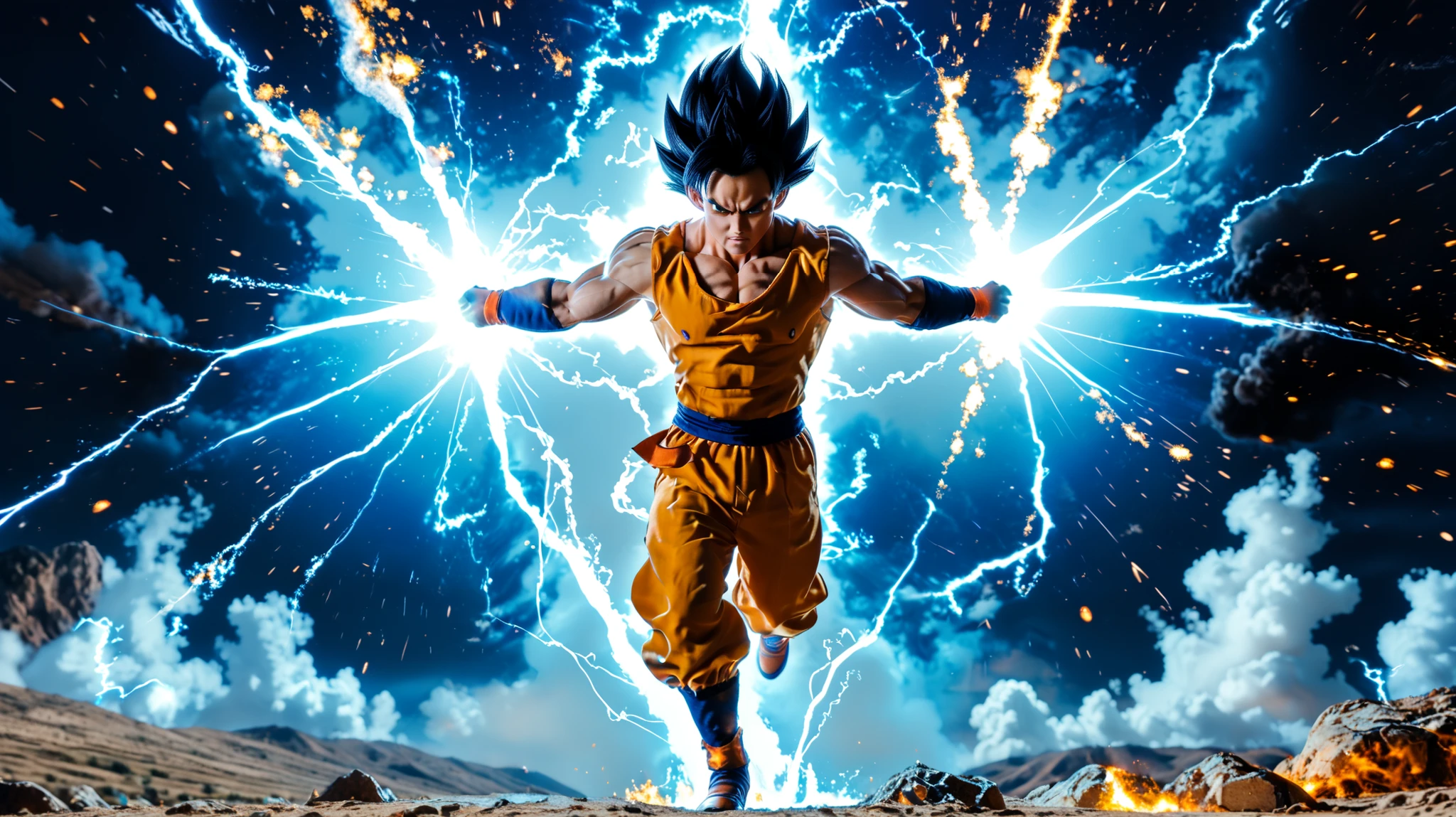 Gogeta (fusion of Goku and Vegeta) in Super Saiyan Blue form, mid-air combat with shockwaves, energy spheres exploding, cinematic fight choreography, realitic, detailed
