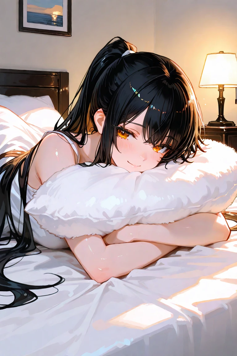 Sexy woman, lying in bed, seductively gazing at viewer, lips parted, deep blush, flustered, heavy breathing, bare shoulders