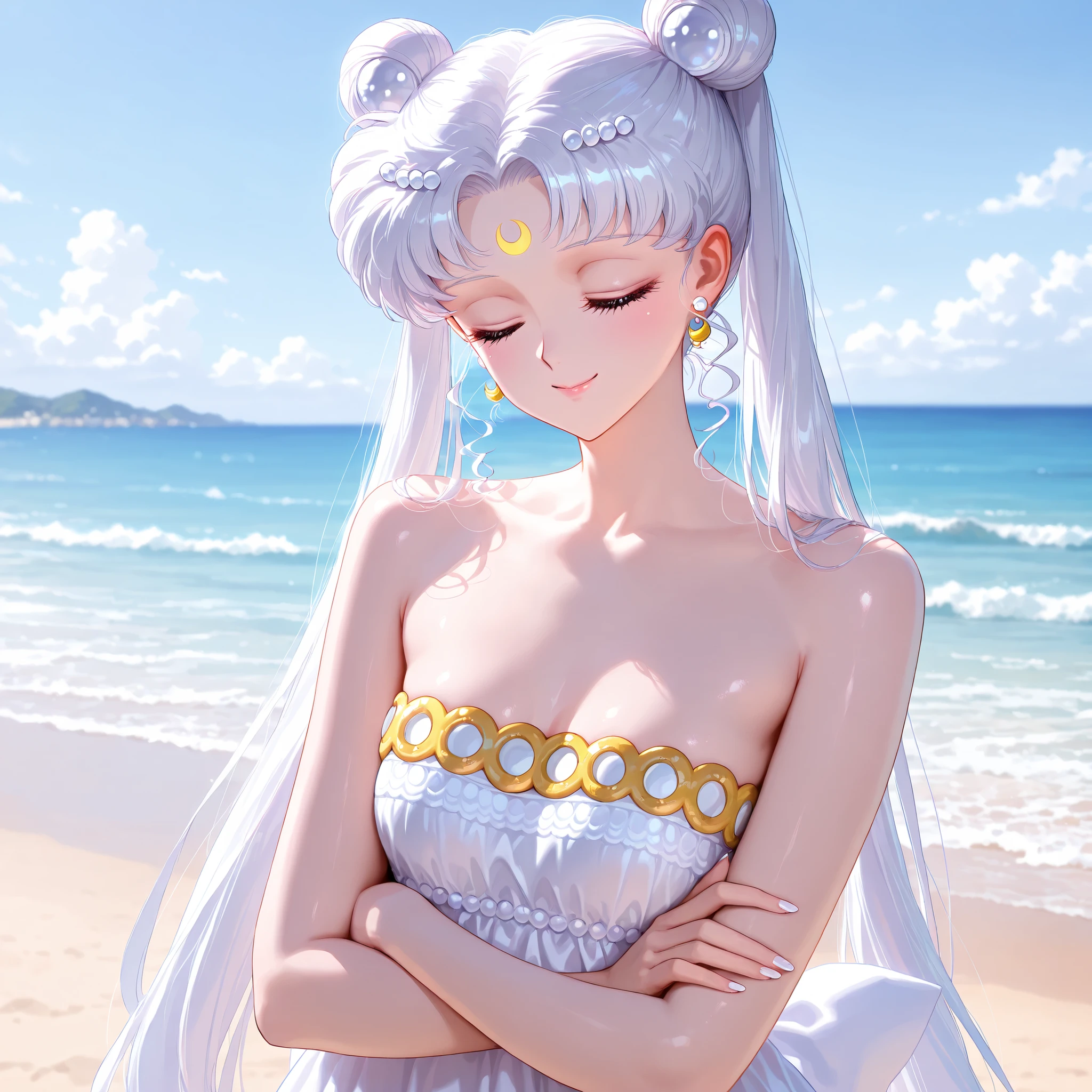 masterpiece, amazing quality, best quality, ultra-detailed, 8K, illustration, clear skin, ultra-detailed-eyes, soft skin, very awa, very as2, soft body, 90's style, official art, mature woman,solo,long hair,facial mark,white hair,crescent facial mark,twintails,double bun,hair bun,tsukino usagi,closed eyes,forehead mark,princessserenity,hair ornament,white dress,jewelry,bare shoulders,strapless dress,earrings,strapless,neck,white theme, beach, crossed arms, white nails, smile, small breasts