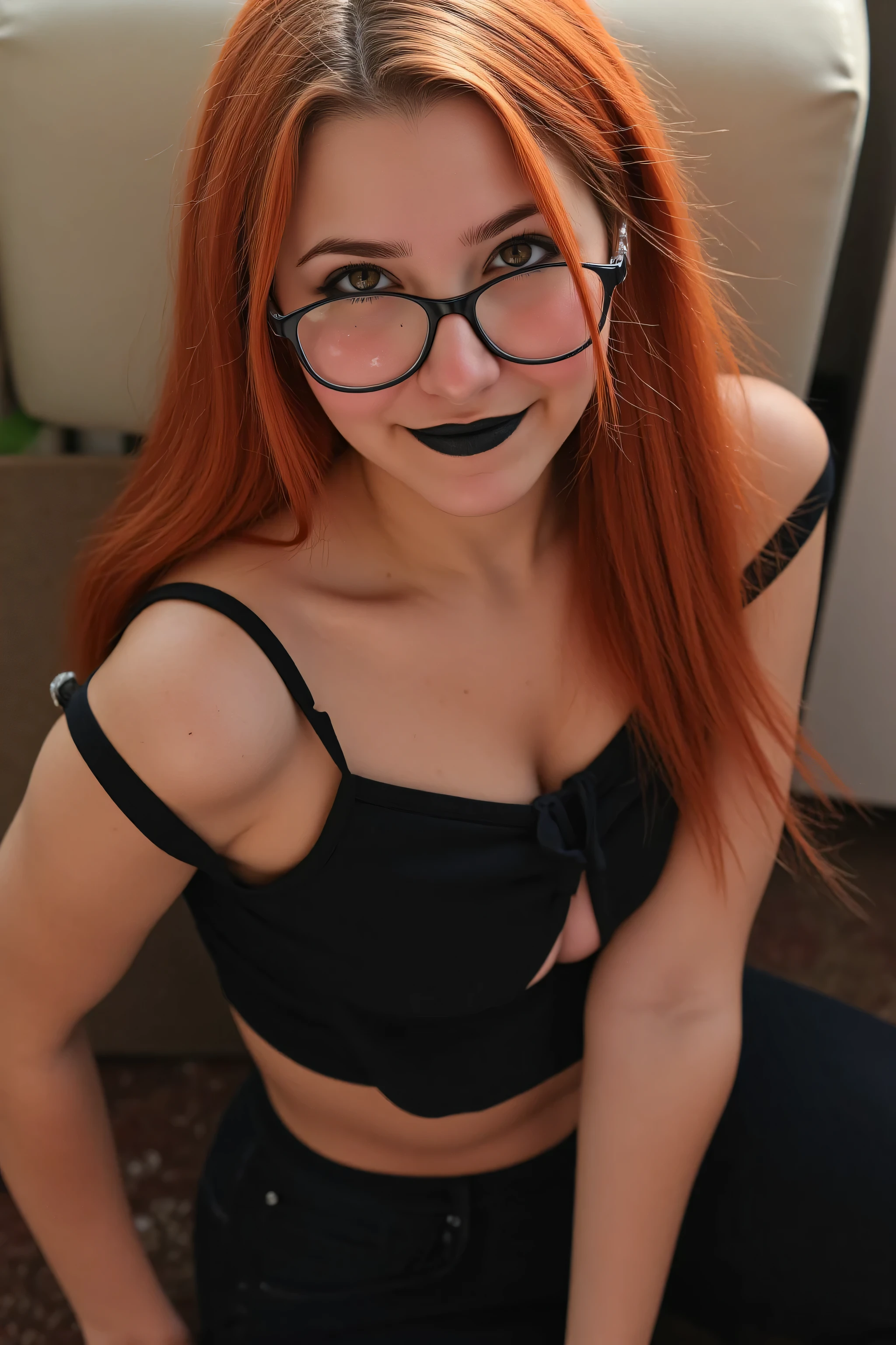 Incredibly realistic group photo of 5 girls, Incredibly realistic photo of 5 sexy wild girls with orange hair, beautiful eyes, pale skin, with an elegant and sophisticated touch , that matches their mysterious and strong personality . her appearance would be eye-catching , attracting curious and fascinating looks, Film lighting , chromatic aberration , backlight, masterpiece , detailed , high quality, 4K. Tight croptop and jeans. Show yourself . On knees . ((Closeup, high angle view, looking at viewer)), ((big breasts, thick thighs, very wide hips)), wearing glasses, black lipstick, cute smile, busty