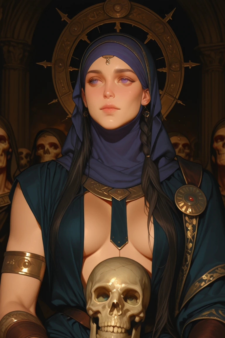 abandoned tample ancient empire priestess , shaved hairy, The breasts are tiny, big dark sticks up, body, face eyes masked hood, The waist is slim, hairlong, Eyes closed, frontal view, breasts RED paint, space jet, fog smoke