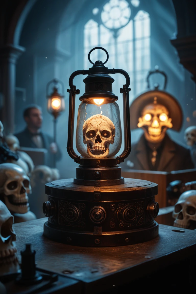 a skull on a table inside a [pitch black room:15] , moonlight cast through the window from outside, by art Baroque, --auto --s2