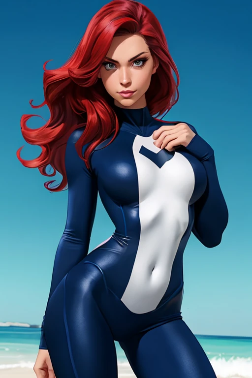 ((Masterpiece, of the highest quality; 1.3)), super quality, Beautiful detail, super detailed, extra fine, 16k, exquisite, absurd, high resolution, beautiful background, detailed background, pretty eyes, Beautiful skin, animated style, Kay from Dirty Pair in a white outfit, tight suit, neckline, bushy redhead beauty, very light blue uniform, wearing tight clothing, scarce, (Half chest: 1.2), neckline, neckline, thin waist , thin waist, thin thighs, thin legs, thin legs. thigh gap, showing stomach, Skinny, thin hips, cyberpunk city background, retro space gun holding, sale,
