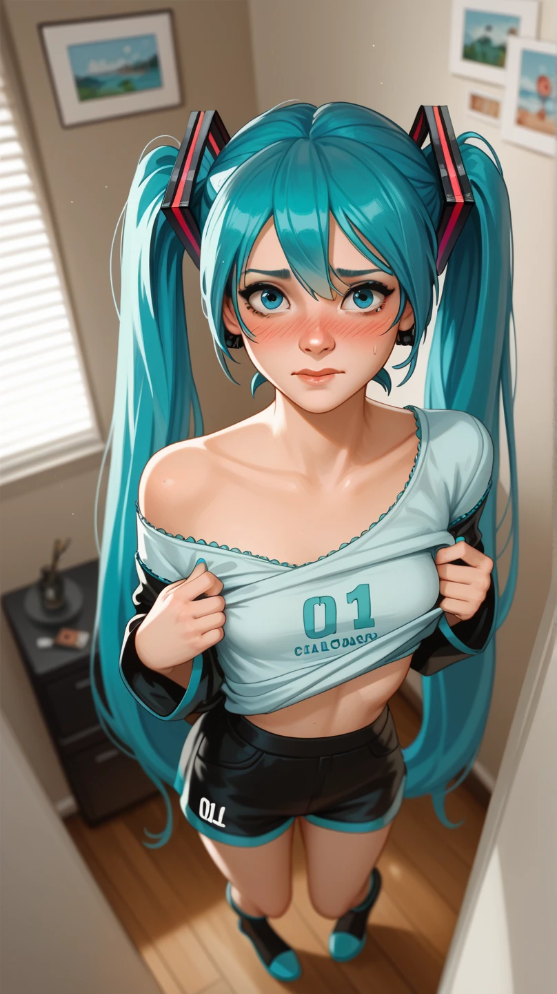 (masterpiece, best quality), 1girl,Dark green High Pigtails with Colored Hair Ties, tiny breasts, <lora:shadV3:1>
