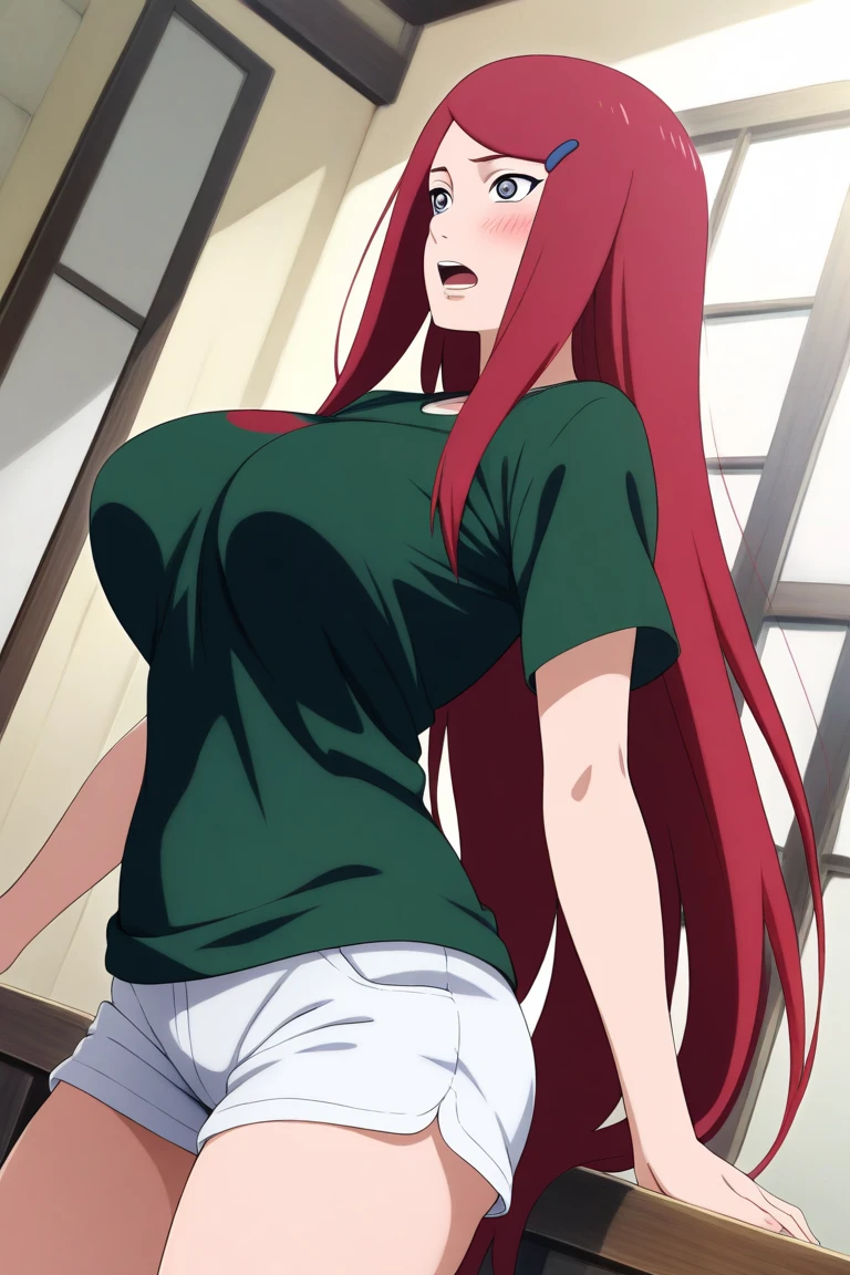 Erza, red hair, navel,, 1girl, hair over one eye, large breasts, underwear, long hair,animerza, looking at viewer, brown eyes ,masterpiece, best quality, room, big breasts, blush, , bouncing breasts, nipples, breasts out, nude, pussy, armpits, sweaty armpits, closed mouth, angry,