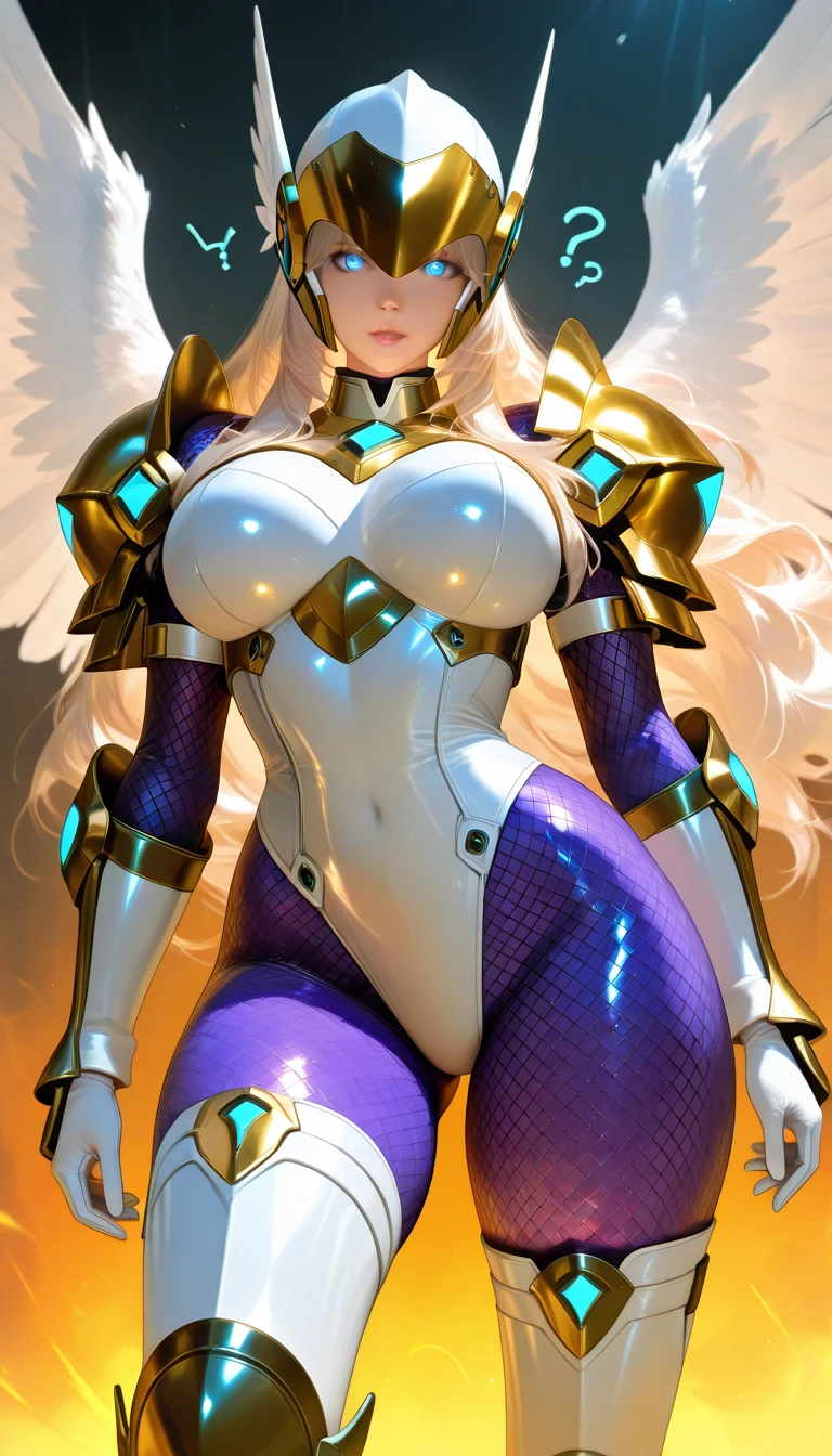 (masterpiece, top quality, best quality, official art, beautiful and aesthetic:1.2), (1girl:1.3), extremely long curly golden hair, extremely detailed, portrait, looking at viewer, solo, (full body:0.6), detailed background, close up, (cool science fiction space theme:1.1), extremely busty valkyrie, charlatan, mysterious, shooting lasers in space, cybernetic angel, huge feathered wings, chrome boob armor, dark purple streamers and skirts and sleeves and knee wrappings, cybernetic implants, mechanical hand, laser cannon, arm cannon, revealing chrome armor, bare midriff, glowing laser energy, halo, intricate armor, ornate chrome armor, sheer white fabric, elegant purple fabric, skirts, streamers, cowl, boots, bracers, ((((gigantic breasts))), slim waist, slim hips, long legs, athletic, SPACE, futuristic moon, (space exterior:1.1) background, dark mysterious lighting, shadows, magical atmosphere, dutch angle, (Thick thighs:1.3) , (PAWG body)