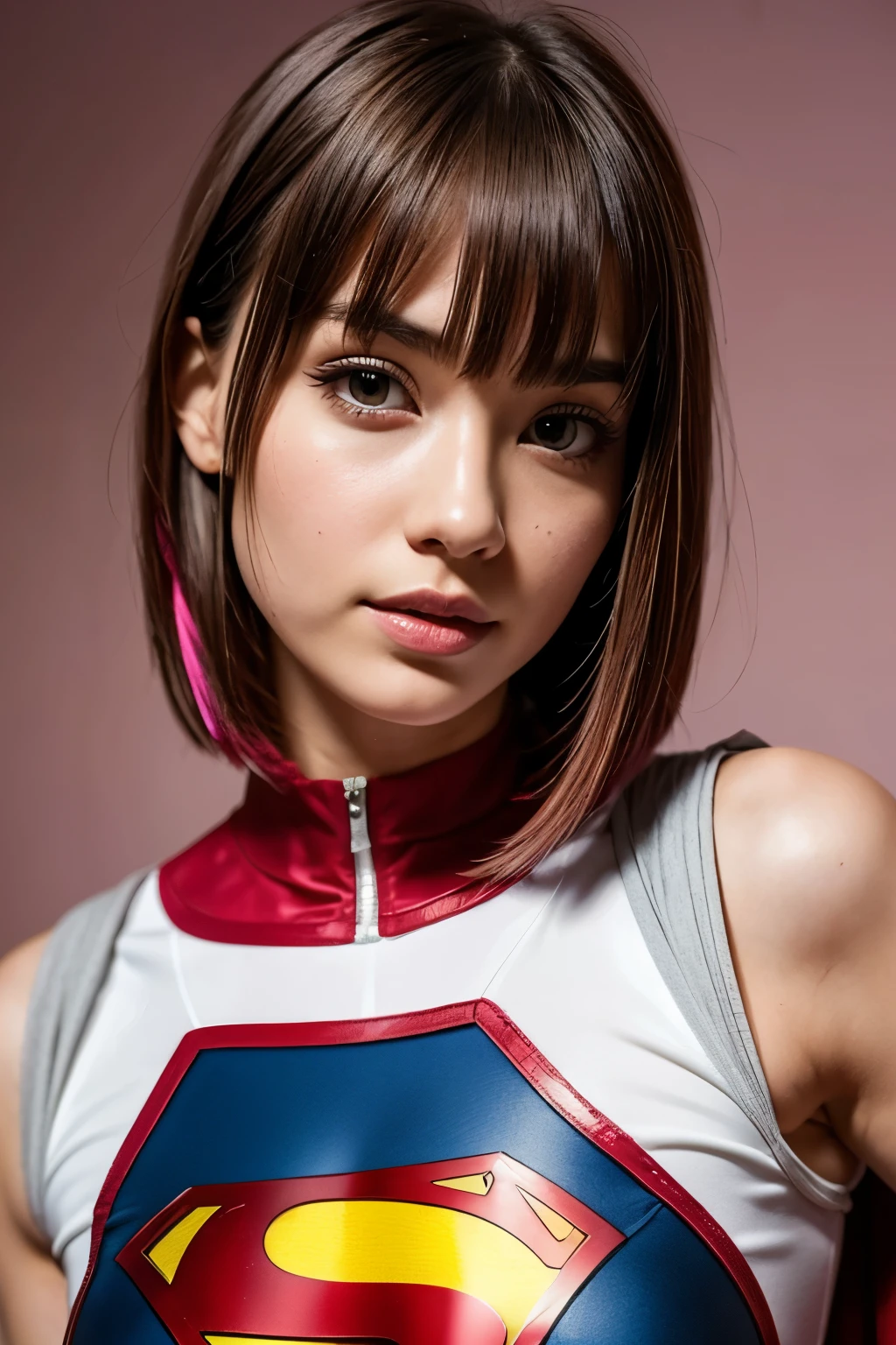 Pink Ranger、maturefemale, {8K}, Best Quality, masutepiece, {超A high resolution}, Slender body, medium breasts, (((Space Soldier Uniform))),side breasts,{short wavy hair}, symmetry face, {lingerie}, Intricate elegant, Fantasy, Detailed, ometric by greg rutkowski and alphonse mucha, Upper body gradation light nature}}}}}}}}}},
