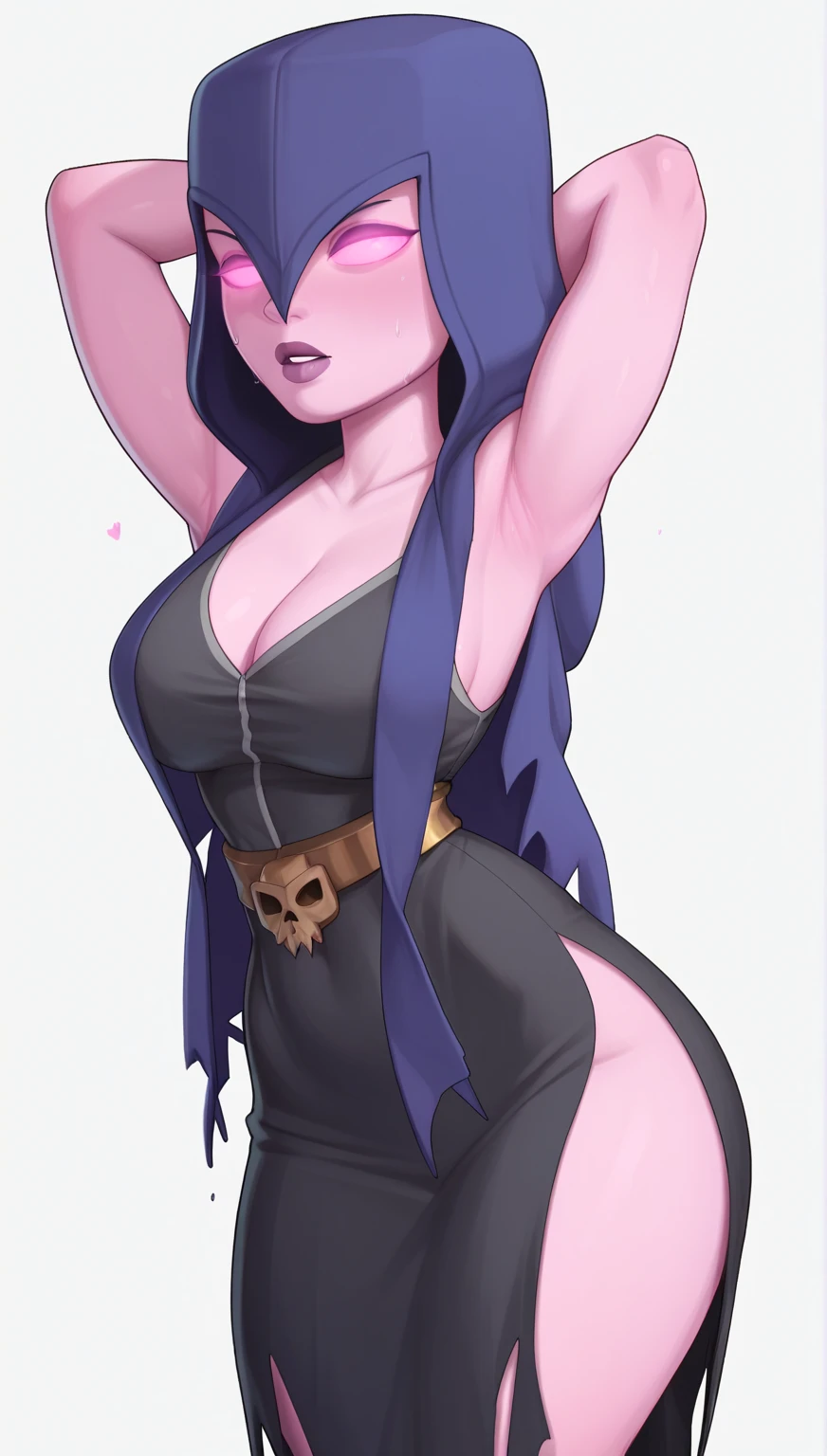 punk, crazy, fairy tail, mind control, hypnosis, clothing, corruption, rock, cloth, brainwash, rock of succubus, juvia_lockser, ((best quality)), ((highly detailed)), masterpiece, ((official art)), blue hair, (lips), looking at viewer, grin, teeth,(RockOfSuccubus), large breasts, navel, (purple), cleavage, midriff, belt, pants, (tattoo:1.1), pubic tattoo,makeup, (colored skin:1.3), (black lips:1.3),(lipstick), (pale skin:1.5), cross-laced clothes, ((arms behind back))