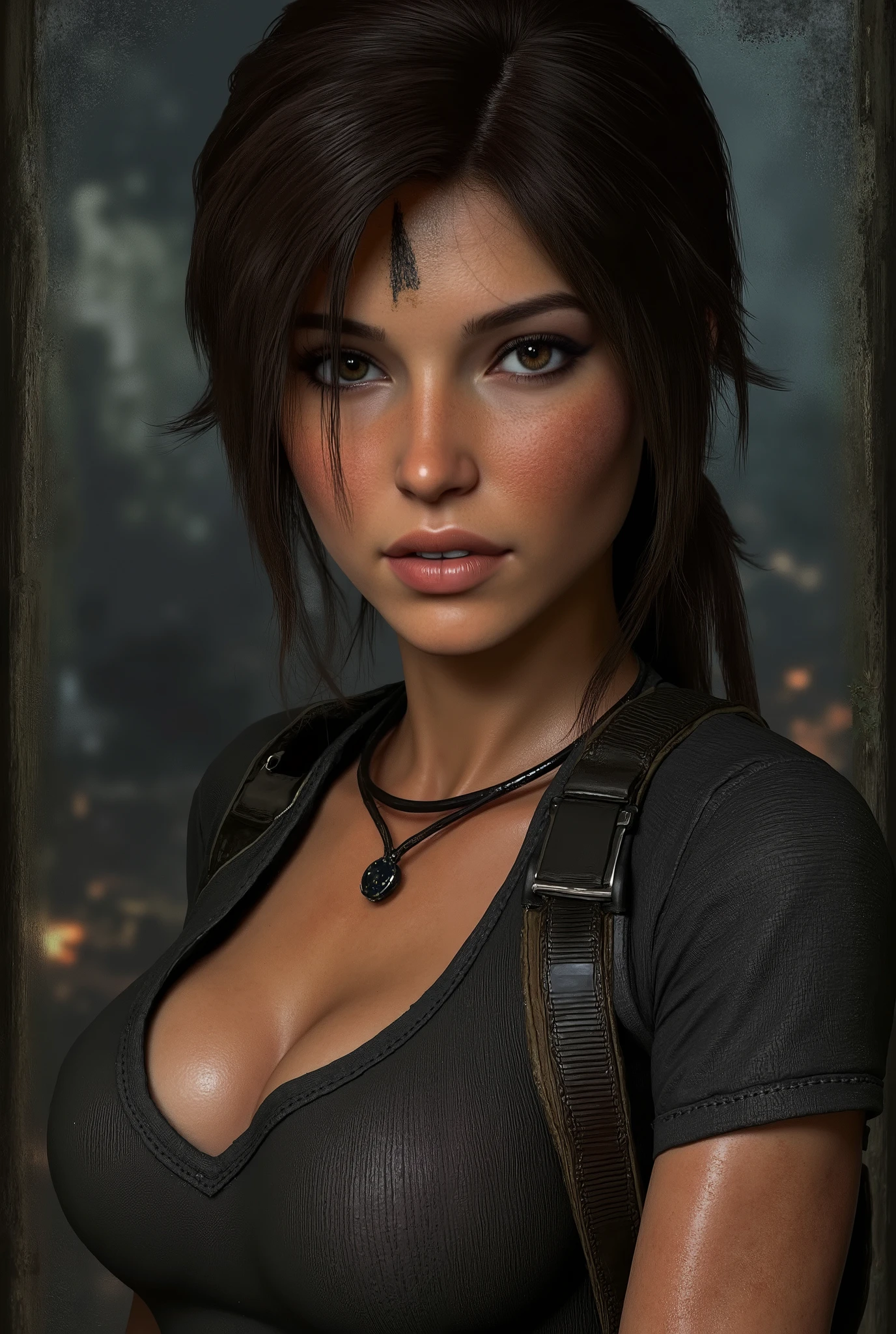 beautiful young woman , La4ra Croft , long brown hair in ponytail , beautiful detailed eyes , beautiful detailed lips , extremely detailed eyes and face , long eyelashes , nagy, bouncy breasts , blue t-shirt and green jeans , White Sox , fekete kesztyű , hiking boots, thigh-attached gun holsters , (best quality , 4k , 8k , High resolution , masterpiece: 1.2 ) , ultra detailed , (realisztikus , fotorealisztikus , photorealistic: 1.37 ) , HDR , UHD , studio lighting , ultra-fine painting ,  sharp focus  , physics-based rendering , } extreme detail description , professional , élénk Tomb Raider , Syfy , Artists , beautiful young woman (Lara Croft) , long brown hair in ponytail (beautiful and detailed) , nagy, bouncy breasts , blue t-shirt and green jeans , White Sox , fekete kesztyű , hiking boots , comb fegyvertokok ,  sharp focus  , ultra detailed , portraits , physics-based rendering , bright colors . Teljes test