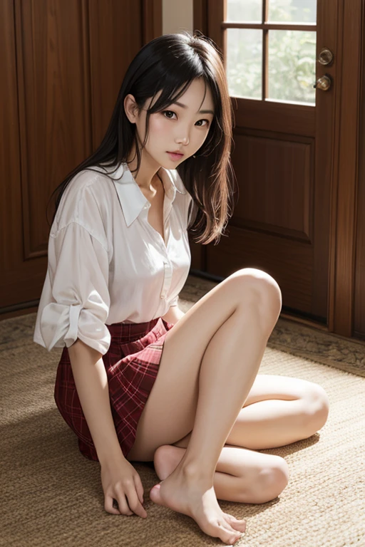 8k, Raw photo, highest quality, masterpiece:1.2), masterpiece, highest quality, figure, Very detailed, Fine details, High resolution, 8k,wallpaper, Perfect dynamic composition,(Detailed high quality, Realistic depiction of eyes:1.3)、A woman who has been and has her hands tied、Arms wrapped around his back, hands tie behind back, Sitting on a bright gym floor with feet together and knees bent in front of each other、With legs wide open、Tartan plaid pleated skirt、whole body、White panties are visible、The whole thing faces forward、21talent、Beauty、Well-formed face、Make your eyes even、Beautiful black hair、Has bangedium build、Well-balanced proportions、Beautiful legs、Short sleeve blouse、Fresh face、Beautiful scenery、smile