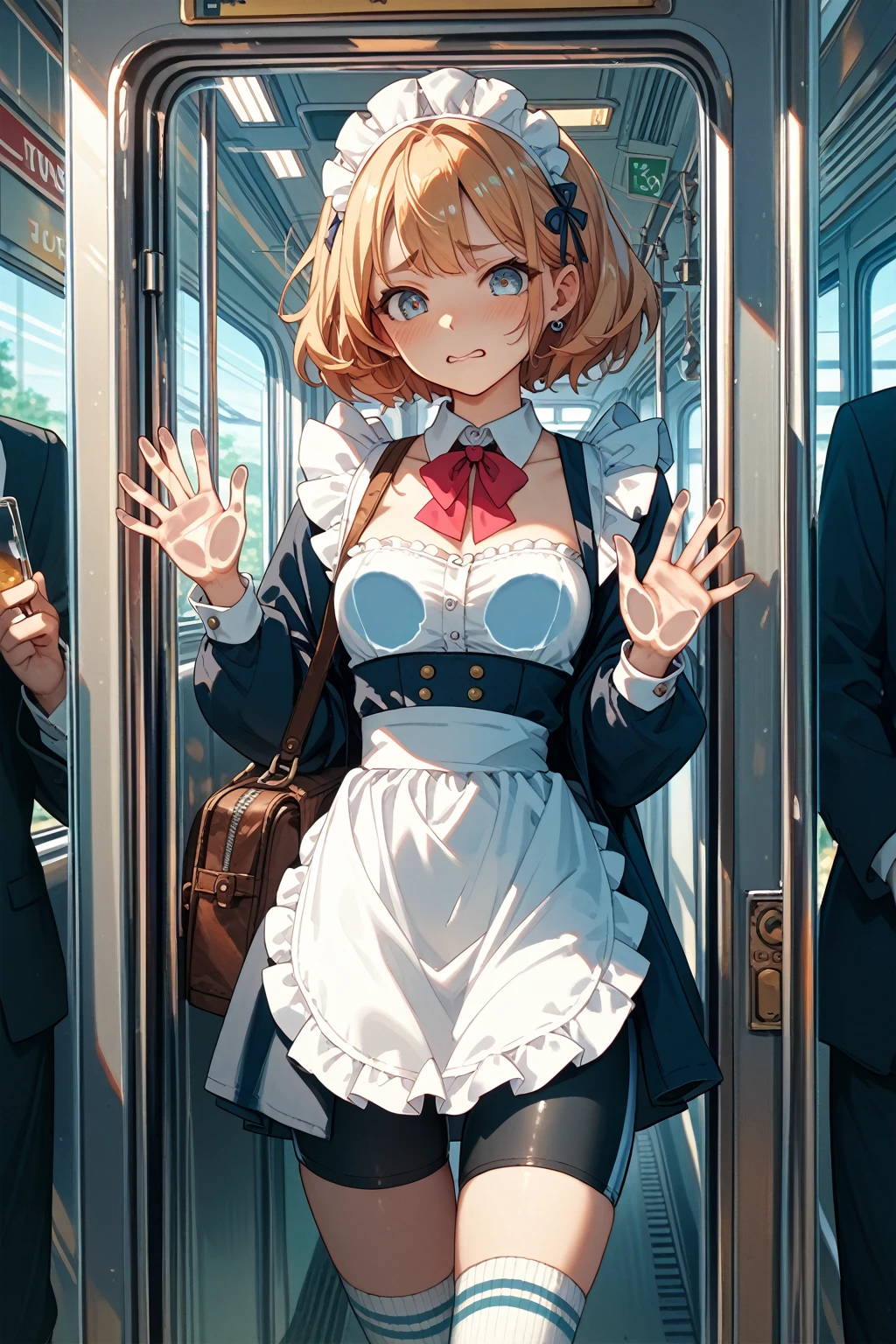 1 woman in black maid outfit with white skirt, white stockings, and tight corsets, showing immense curves, mohican hairstyle, extremely pretty. Surrounded by elderly gentlemen who admire her. She playfully starts to show off, taking advantage of the attention. She is facing the viewer, smiling happily, in a futuristic subway setting. anime styling, a masterpiece, higher resolution, 品質, detail, sharply focused, professional image