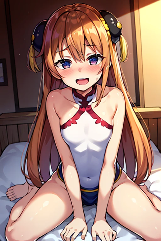 masterpiece, highest quality, Super detailed, figure, cute, detailed light, Happy, smile, blush, Highlights hair, hair, beautiful and detailed body, Fine sparkling eyes, 1 girl, think back, show your skin, buttocks, naked thighs, perfect limbs, underwear, on the bed, full view of buttocks, showing buttocks, in the heat,, legs open, show vagina, Kanekou