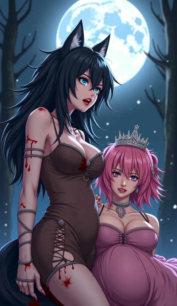 2girls, ( white queen of hearts a white woman, Black AL a bl k woman), urban future fairytale , (the queen of hearts of wonderland is a white woman with pale skin, wears a tattered, ripped, bloody playing card theme cyber dress), (AL is a black woman, wears a black maidlike cyberpunk dressand neon apron), the queen of hearts is defeated by Al , AL the heroine stands over the defeated villainess queen, victorious, surrounded by shattered glass, as the queen lays face up, tears streaming, crown shatterd ,blood splattered, the queen scarred,bruised, broken body lay sby AL's feet; who stands victorious , cinematic scene, perfect anatomy, perfect face, perfect hands, perfect physique, perfect lighting, perfect perspectives ,masterpiece, , 2d, sharp gradients, deep highlights, ultra hires animation, hyper-detailed human features, hyper resolution cel-shaded, best quality, expressive eyes, hyper-hdr, 8k, UHD, hyper- absurdres, hyper-aesthetic, depth of field,sensual dreadful atmosphere, skindentation ,
