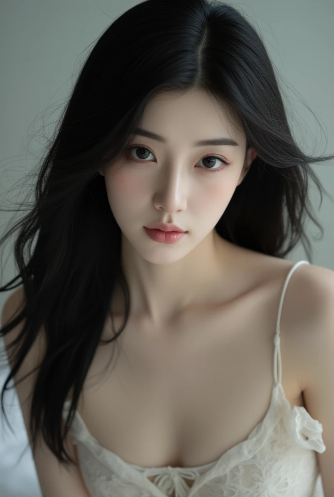 detailed, (realistic, photo realistic:1.37), portrait, high detail RAW color photo, an extremely delicate and beautiful, extremely detailed, extremely detailed skin, asian face,fair skin, realistic face, Pale skin,Fleeting,Black hair, super long hair, dark brown lipstick, See-through dress, dark atmosphere,ghostly face