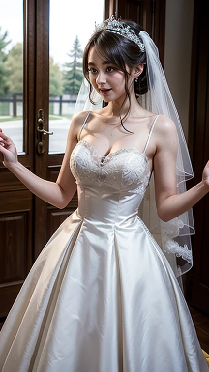 Girl with giant breasts with lace cleavage dressed as a bride at the altar