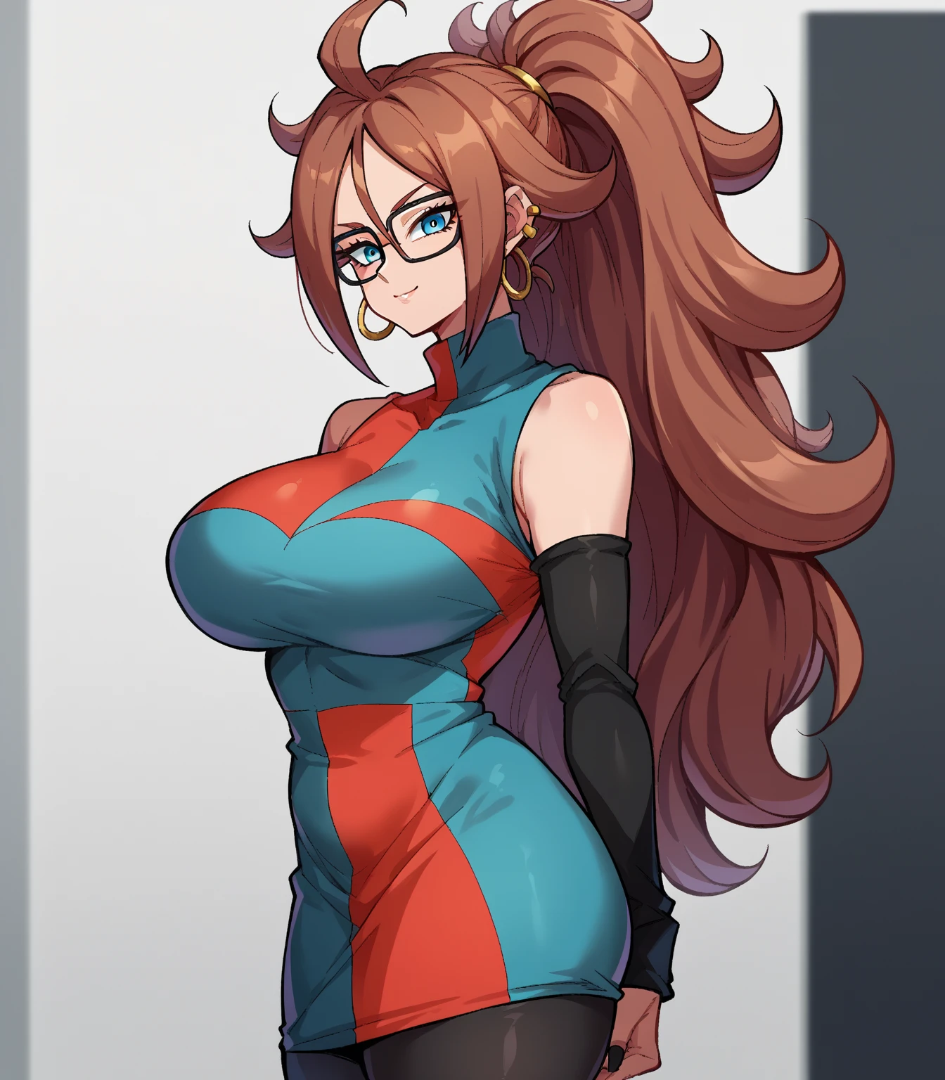 Android 21 from dragonball brown hair, long hair, curly hair, blue eyes, hoop earrings, wide hips, big ass, glasses, blue budysuit, blue vest, sleeveless, unitard, blue jordan1s, alone, curvy, bubble butt, solo focus, solo female, squashing thighs, fingerless gloves, long pants, fully clothed, no background, c, perfect eyes, giant thighs, chubby, hair covering one eye, grinding on man, winking, 1man, sitting on man pov, having sex, dominant female, rape, getting raped, crazy smile, tongue out, drooling, scared man, crazy eyes, facing viewer pov, grabbing breasts,