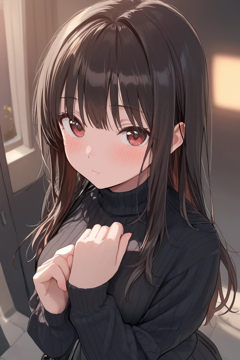 young woman with long straight black hair, dark brown eyes, wearing a black hoodie, sitting position and shooting angle using a high angle