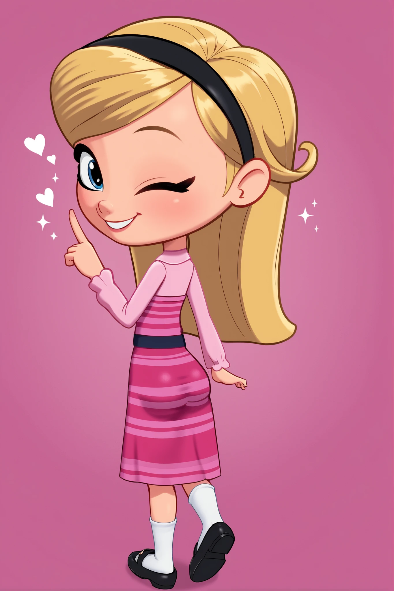 1girl, solo, penny peterson , long hair , blue eyes , blonde hair , skirt , hairband , black hairband , white long tube socks , dress , pink dress , long sleeves , black mary janes, cute smile , cute giggle, ,one eye closed, backside , cute butt, bubble butt, ,bubbly butt, pink background, hearts, sparkles, ,sexy pose, farting, cute fart