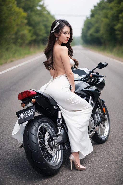 Sexy bride rushing to the wedding venue on a motorbike