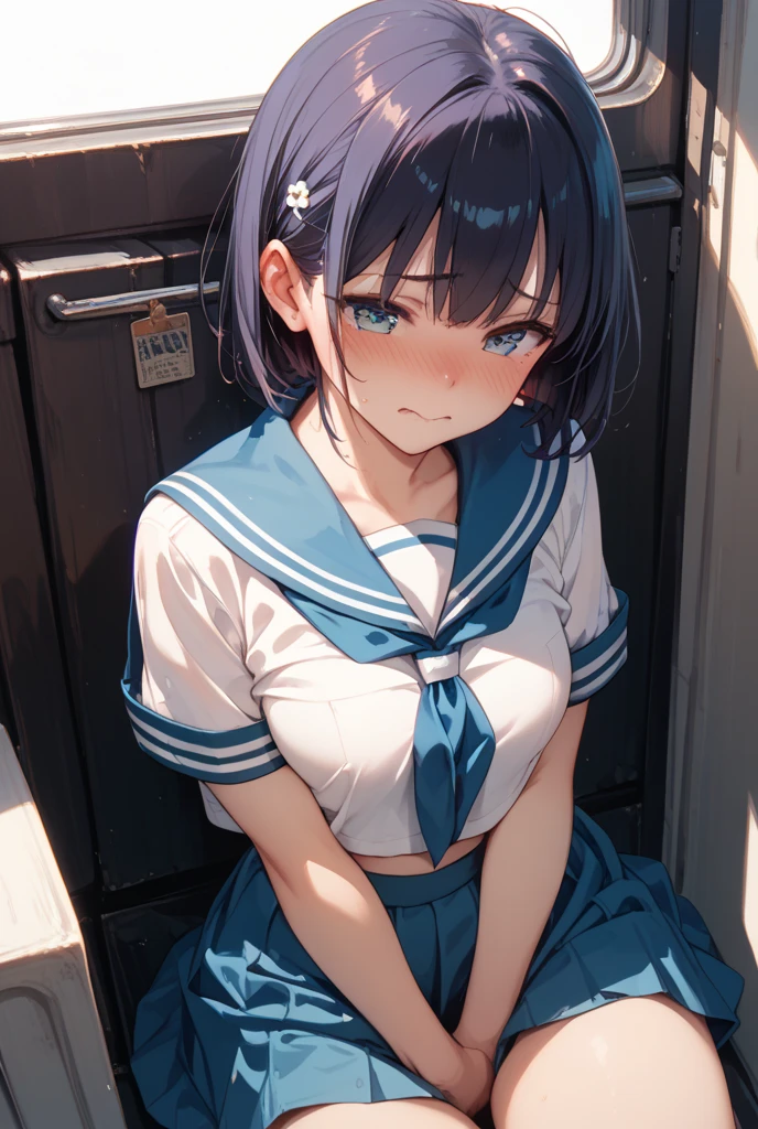masterpiece, best quality,anime style, 1 girl,(((slender body))), (((small eyes,small breast))),(((baseball uniform))),((((cum)))), (beautiful face), (((short hair))), (((straight hair))), ((((blue hair)))),detailed beautiful skin, (perfect hands, perfect anatomy)