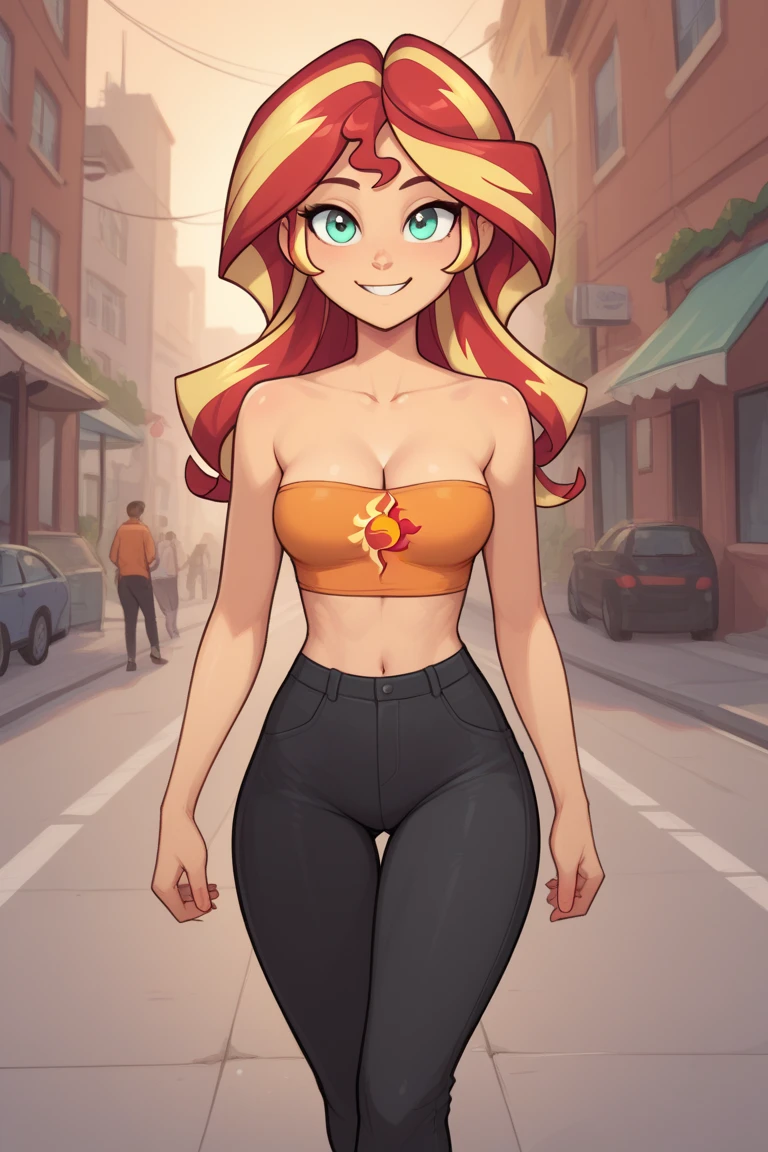 Sunsethuman, Sunset Shimmer, Sunset Shimmer from my little pony, Sunset Shimmer in the form of a girl, medium breasts, lush breasts, voluminous breasts, elastic breasts, five fingers, detailed hands, two hair tones, red-yellow hair, happy face, Walking through the park naked