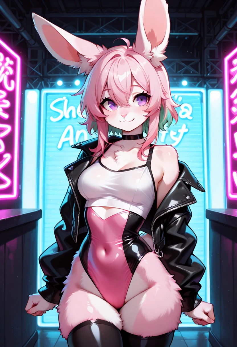 1girl, (Feminine), slim tiny body, solo, naughty smile, masterpiece, dark classroom, scenery, (female bunny girl:1.2), ((entire body gray fur)), ((punk hair)), pink eyes, (wearing punk clothes), ((high colors))