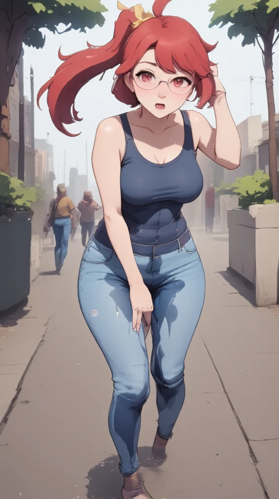 1 woman, long wavy orange hair, green eyes , sly face , glasses , white tank top , black bikini , abdomen, big breasts , Put your hands on your hips. , canvas shoes , public