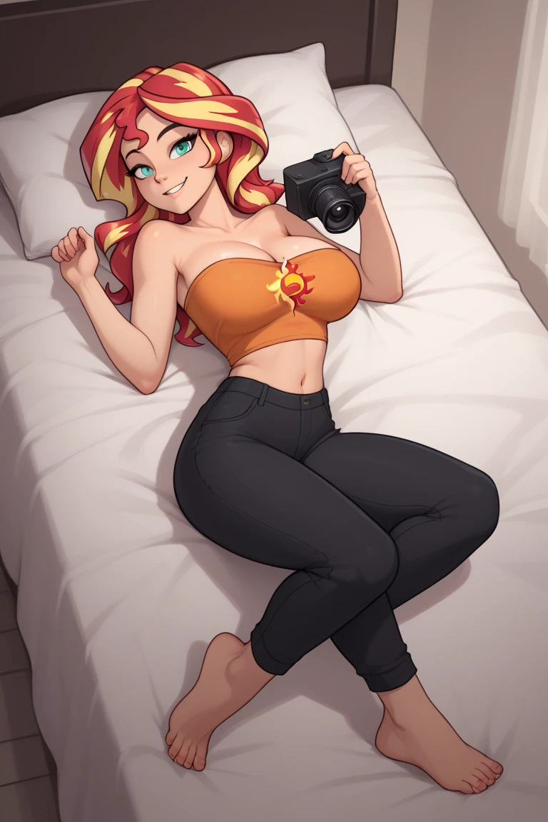 Sunsethuman, Sunset Shimmer, Sunset Shimmer from my little pony, Sunset Shimmer in the form of a girl, medium breasts, shin, heels, feet, five fingers, detailed hands, two tones of hair, red and yellow hair, standing, solo, one character, bare feet, no shoes, naked, full body, athletic, red pubic hair, full bookshelves, wooden floor, looking up at character view, thin, no muscles, normal body, holding steaming coffee cup, sleepy,