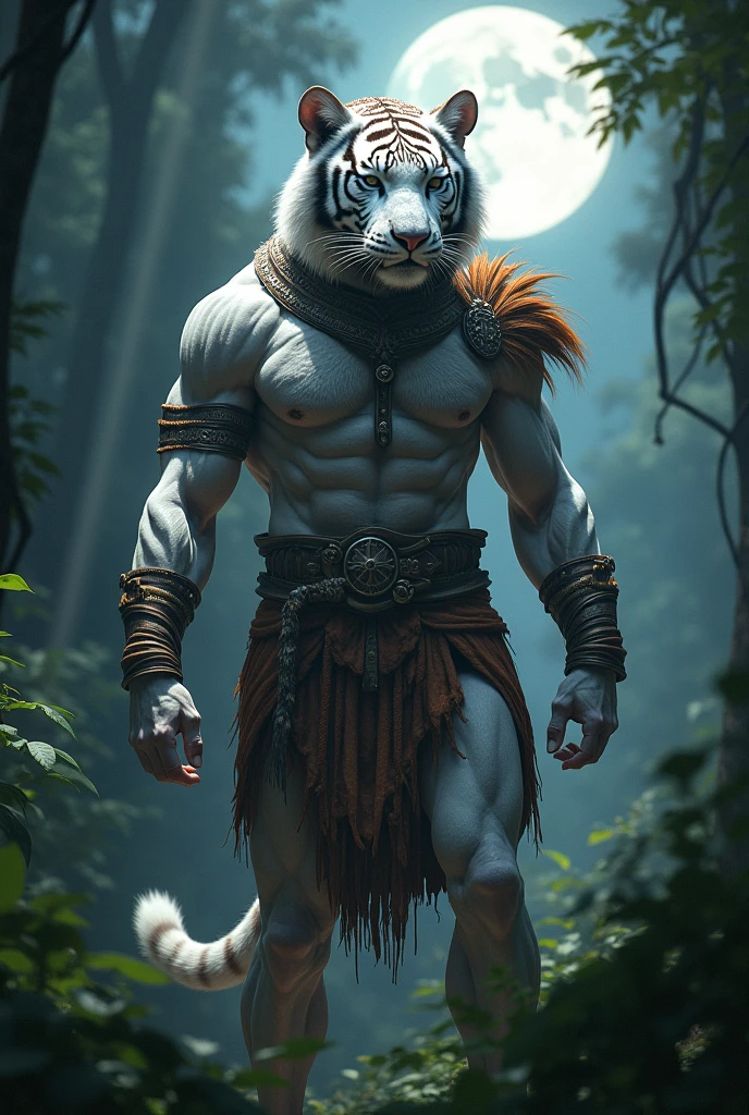 Highly detailed and stylized digital artwork featuring a humanoid tiger warrior. The subject has a muscular build with white fur and brown tiger stripes. The face is distinctly feline with piercing blue eyes and a mane of flowing white hair. The character is adorned with tribal jewelry, including a necklace made of bones and beads. The warrior is holding a wooden staff and is dressed in a brown loincloth with green moss accents. The background depicts a natural setting with tall grasses and a blurred, earthy landscape, enhancing the wild and primal theme of the image.