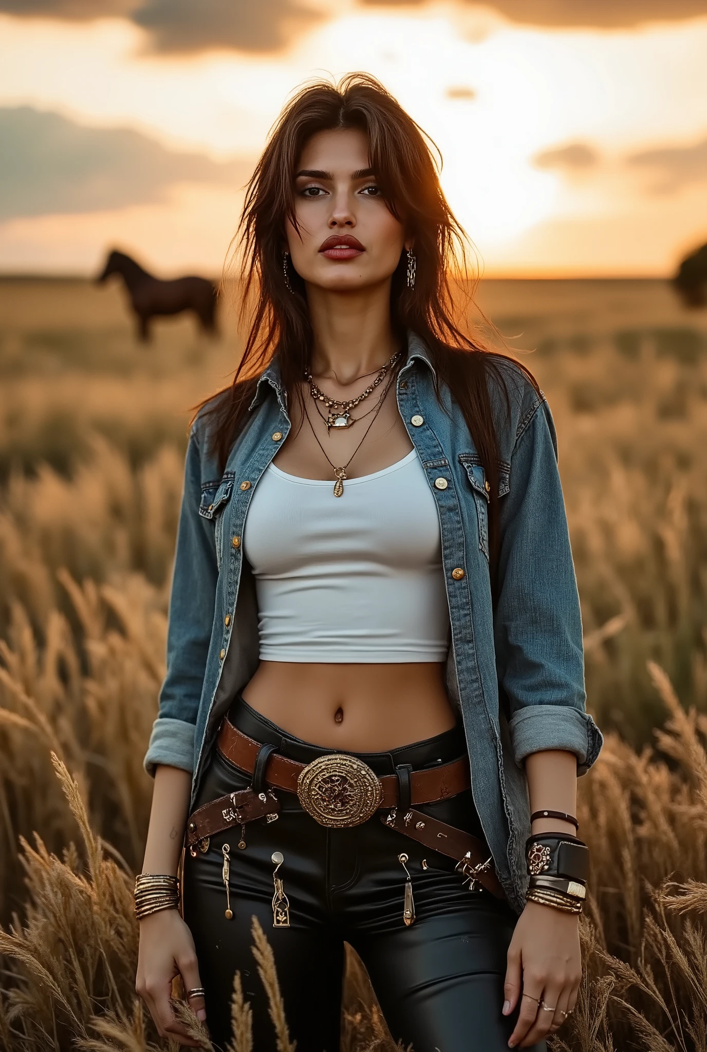 a cowgirl with wavy hair blowing in the wind, western style denim shirt with a white tank top undershirt, leather pants and double belted leather riding chaps, complementing her layered textures of jewelry, including bangles, necklaces, and dangling earrings, cowboy hat, in a rye field with wild horses in the background, late summers day, gorgeous sunrise sky