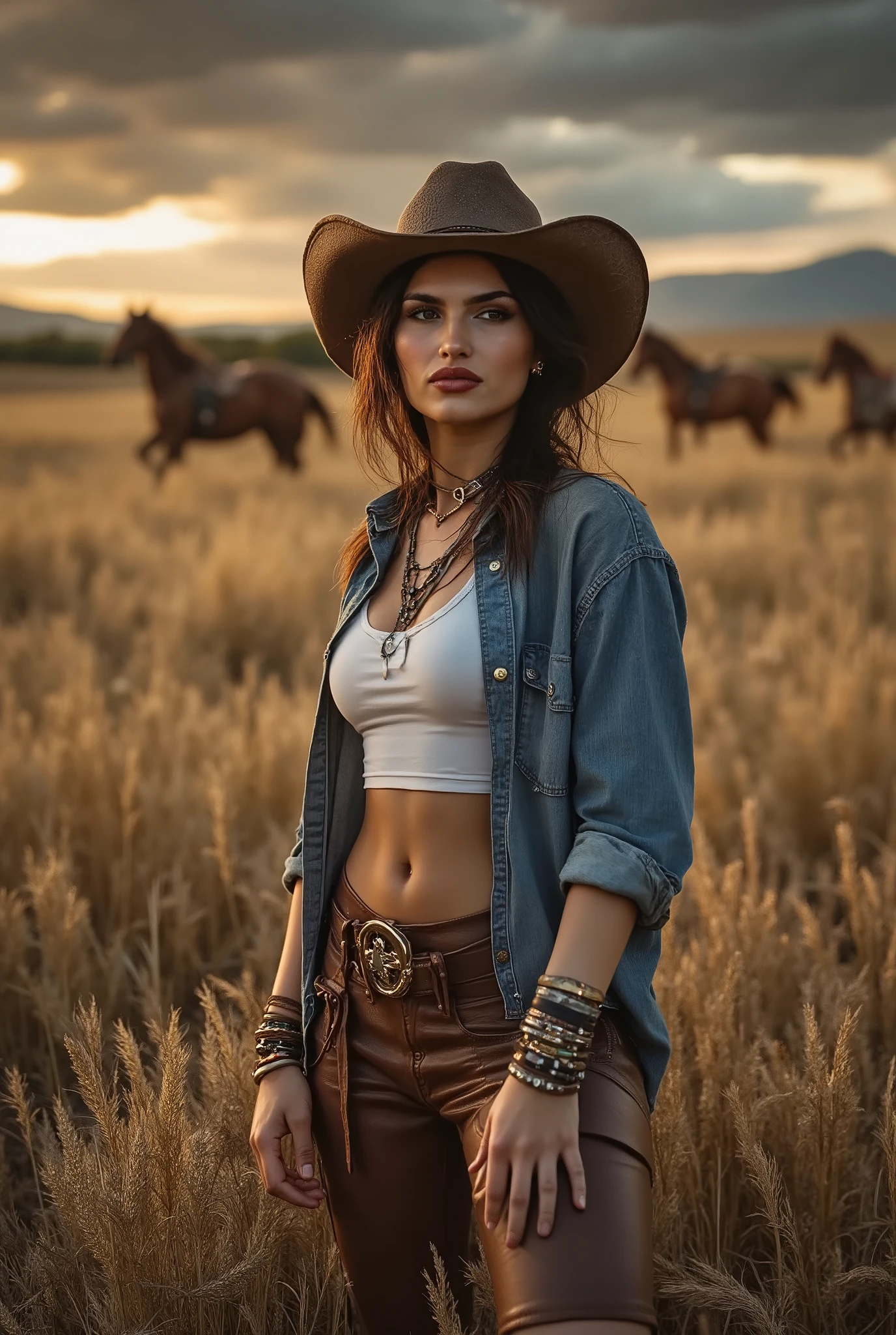 a cowgirl with wavy hair blowing in the wind, western style denim shirt with a white tank top undershirt, leather pants and double belted leather riding chaps, complementing her layered textures of jewelry, including bangles, necklaces, and dangling earrings, cowboy hat, in a rye field with wild horses in the background, late summers day, gorgeous sunrise sky