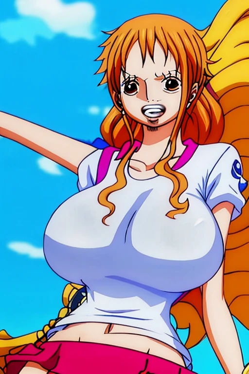 big lips, us'The skin (One piece), pink eyes, japanese face, improve, improve grin, two sides up, huge breasts, Wide hips, sexy, detailed, pink room, Hits, (evil smile1.4), kawaii, fold us (One piece), One piece, GOOD, nami costume (One piece), fold us (One piece), camisa nami (One piece), choker, fold us (One piece), camisa nami (One piece),navel piercing, cosplay de nami (One piece)