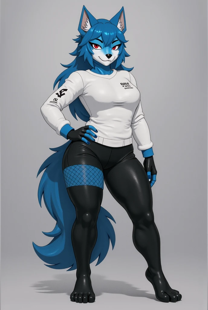 Furry kitsune wolf protogen female anthropomorphic white fur pink eyes blue ears wearing a black tank top and black shorts medium breast size