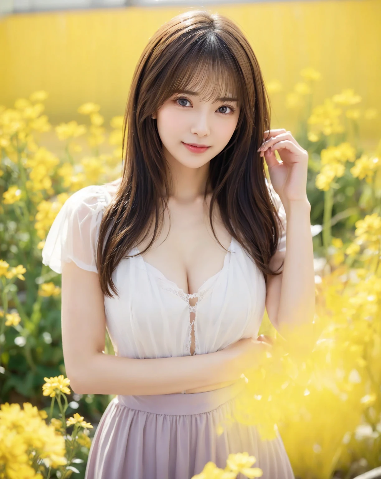 (((Exposing the breasts:1.6))),(((Exposing the breasts:1.6))),(((Exposing the breasts:1.6))),masterpiece, Highest quality, 8K, Absurd, Beautiful medium long bob hair,Woman in her late 20s, That shy expression is cute, (Sensual Style),((Seven episodes were filmed.....:1.4)), (Completely naked:1.5), No makeup, The near road and the far road, Written boundary depth, Surreal, High resolution, photograph, Sharp focus, Face lamp, Dynamic Lighting, highest detailed, ,Extreme detaileds、Super detaileded、detailed、Real Skin、Graceful features、Positive and optimistic、(The background is a colorful flower field)