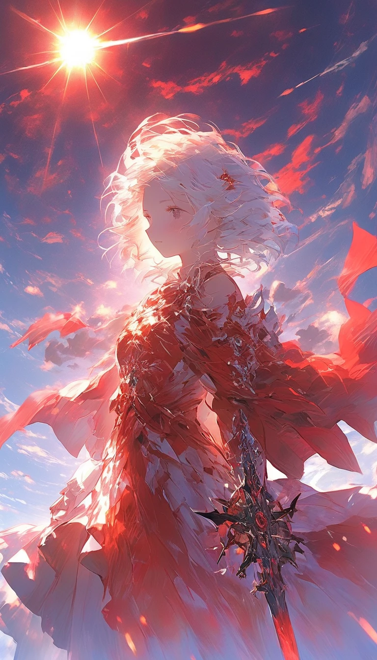 masterpiece, best quality,  redice, red ice, red theme, sorceress, ice magic, crystals, glowing, volumetric lighting, chiaroscuro, night sky, from side, fantasy