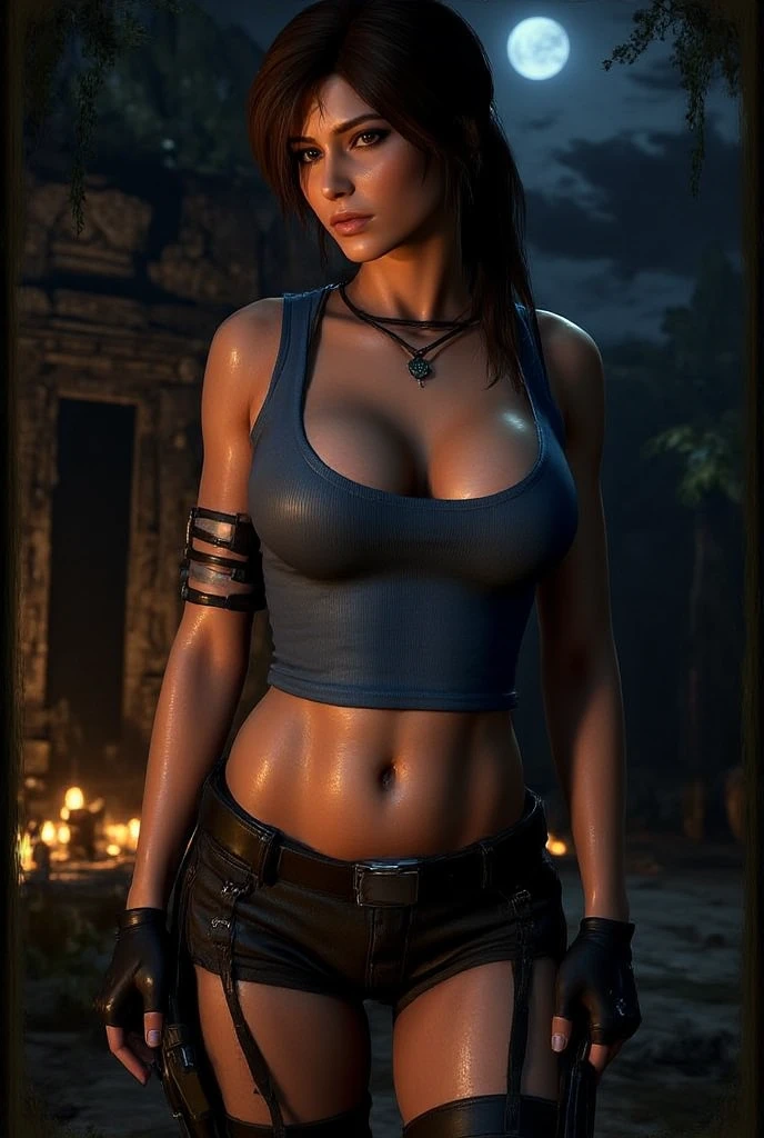 8K ultra-realistic artwork featuring a seductively posed young and busty Lara Croft in small sexy kaki shorts and a blue crop top with a deep neckline. Amazing body , big natural breast, small waist and big nice butt . Ensure she gazes provocatively towards the viewer, exuding a captivating and determined allure. Depict her in a dynamic action pose, set against the backdrop of an Aztec pyramid, with highly detailed surroundings, lifelike skin tones, and light reflections to elevate the realism. Aim for the artistic style reminiscent of a renowned artist, implementing visual enhancements to maximize the image's allure and aesthetic appeal."incredible masterpiece