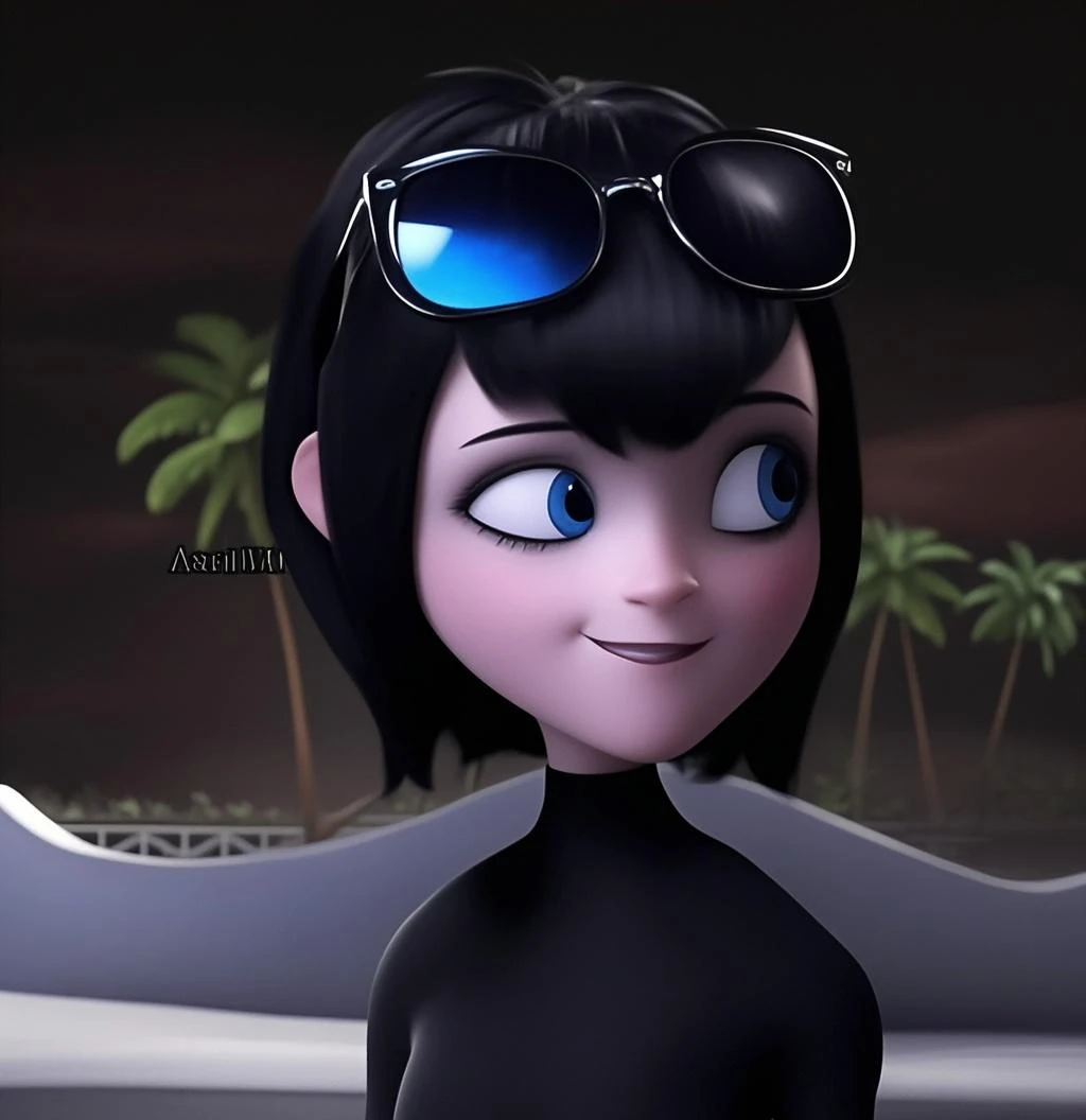 A pretty woman, clear skin, blue eyes, black lipstick, short black straight hair, black bikini. He is in the sea swimming on top of a wave in the water. Es resto de su cuerpo se ve bajo el agua