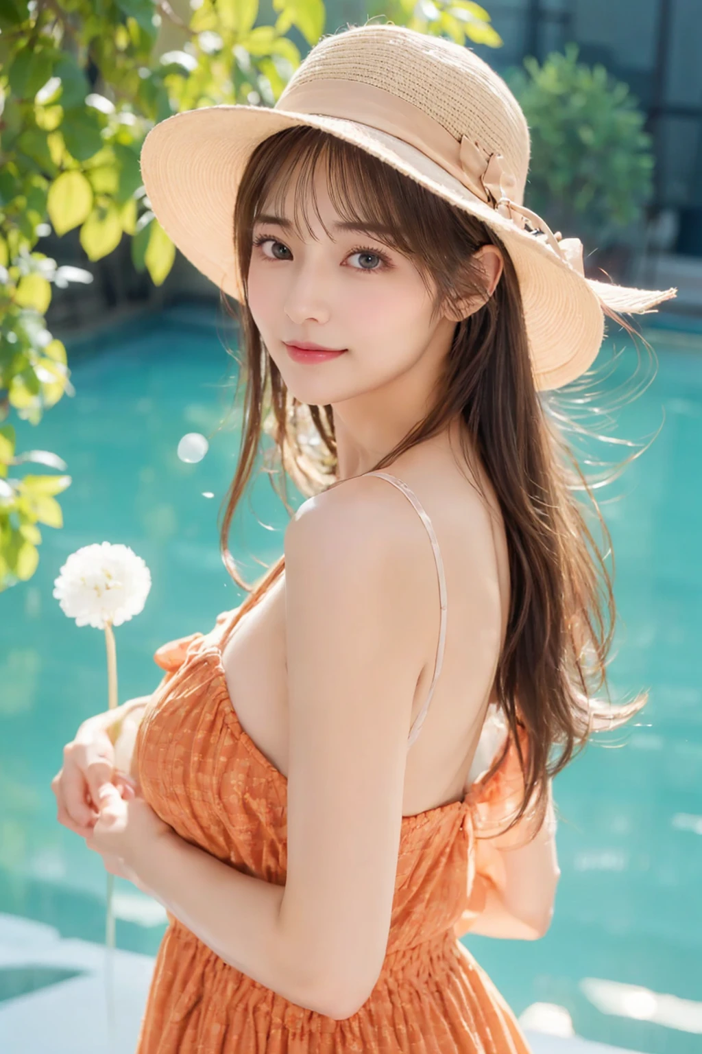 profile、Turned around、Butt,Flat Chest、(Slim body)、((Slim body))、Long Hair,Straight Bangs,Embarrassing,masterpiece,diamond、Earrings,background of fantasy,(((Brown Hair)))、 Brown Hair, Wearing a hibiscus dress、Hawaii cityscape、Diamond Head is visible、Beautiful sky and sea、vacation、Straw hat、Walking happily、